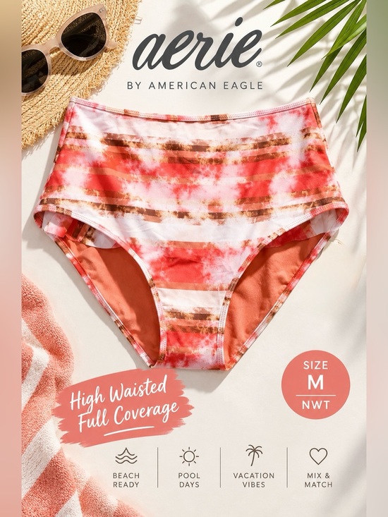aerie Other - Aerie NWT High Waisted Full Coverage Bikini Bottom Coral Tie Dye Stripe Size M